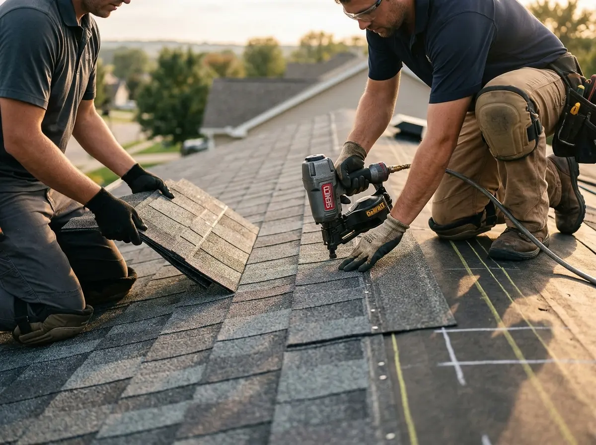 Professional roofer working on a residential roof in Hamilton
